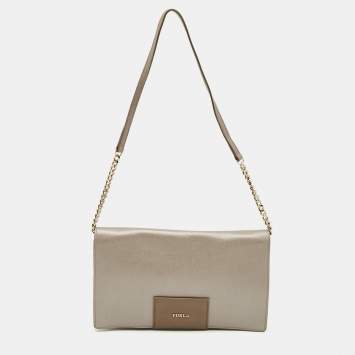 Pre Owned Furla Grey Leather Logo Flap Shoulder Bag