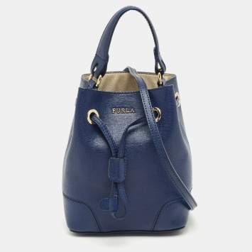 Pre Owned Furla Navy Blue Leather Mini Stacy Drawstring Bucket Bag