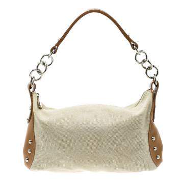 Pre Owned Furla Beige and Tan Canvas and Leather Shoulder Bag