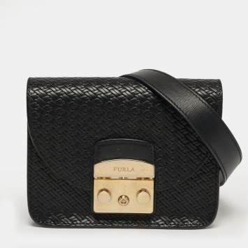 Pre Owned Furla Metropolis Mini Black Woven Embossed Leather Crossbody Bag