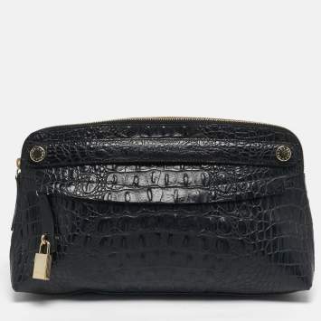 Pre Owned Furla Black Croc Embossed Leather Zip Clutch