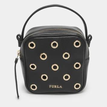 Pre Owned Furla Eyelet Black Leather Crossbody Bag