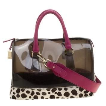 Pre Owned Furla Black/Fuchsia Glossy Rubber and Leather Leopard Detailed Candy Satchel
