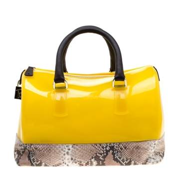 Pre Owned Furla Yellow/Beige Rubber and Python Embossed Candy Satchel