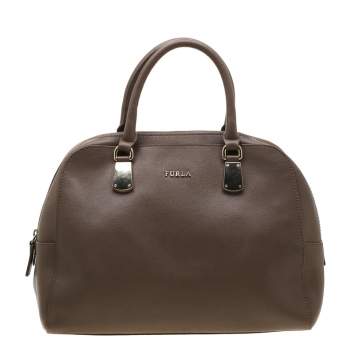 Pre Owned Furla Dark Beige Leather Dome Tote