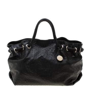 Pre Owned Furla Black Ostrich Embossed Leather Carmen Satchel