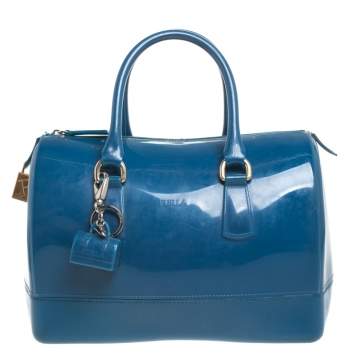 Pre Owned Furla Blue Rubber Candy Satchel with Charm