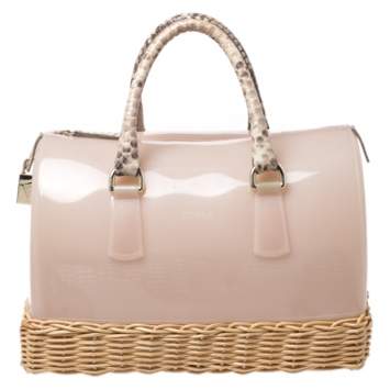 Pre Owned Furla Pink/Beige Glossy Rubber and Rattan Candy Satchel Bag