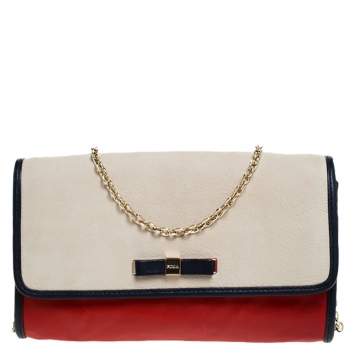 Pre Owned Furla Bicolor Leather Flap Chain Shoulder Bag