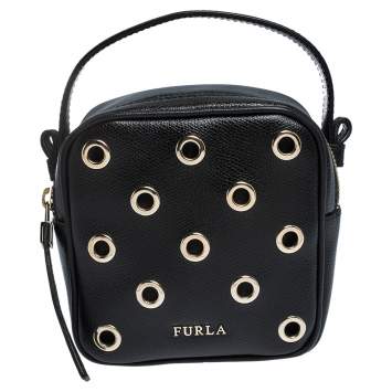 Pre Owned Furla Black Leather Eyelet Crossbody Bag