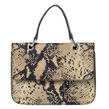 Pre Owned Furla Cream/Black Python Effect Leather Flap Top Handle Bag