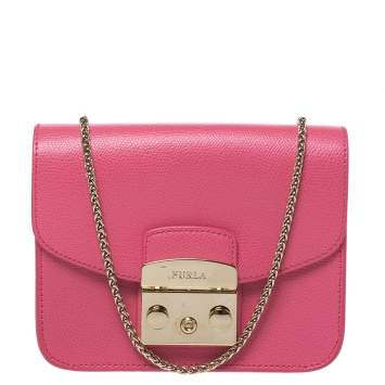 Pre Owned Furla Pink Leather Mini Metropolis Chain Shoulder Bag