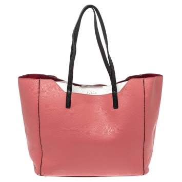 Pre Owned Furla Coral Orange/White Soft Leather Snap Tote