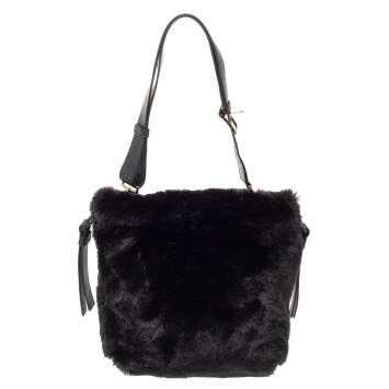 Pre Owned Furla Black Faux Fur Caos Bucket Bag