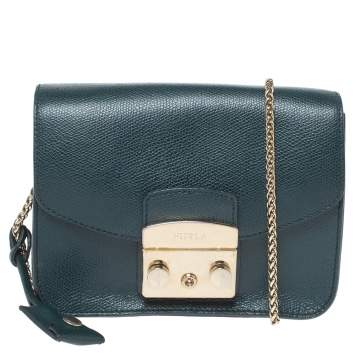 Pre Owned Furla Deep Green Leather Mini Metropolis Chain Shoulder Bag