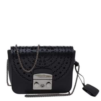 Pre Owned Furla Onyx Black Laser Cut Leather Mini Metropolis Crossbody Bag