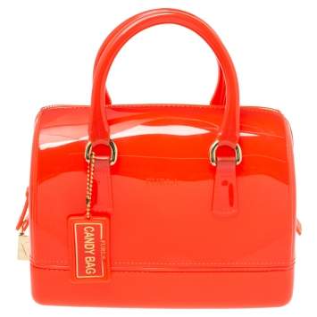 Pre Owned Furla Orange Glossy Rubber Mini Candy Satchel