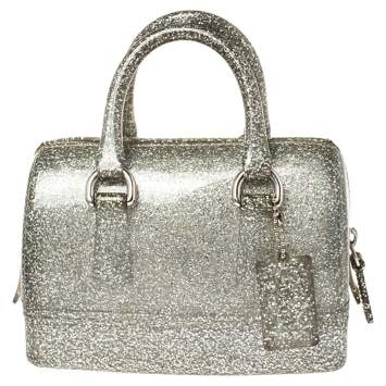 Pre Owned Furla Silver Glitter Rubber Mini Candy Satchel