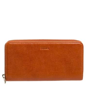 Pre Owned Furla Burnt Orange Leather Zip Around Wallet