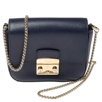 Pre Owned Furla Indigo Leather Mini Metropolis Crossbody Bag