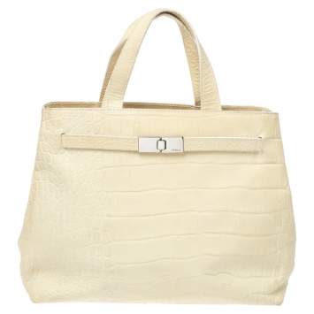 Pre Owned Furla Light Cream Croc Embossed Leather Presslock Tote