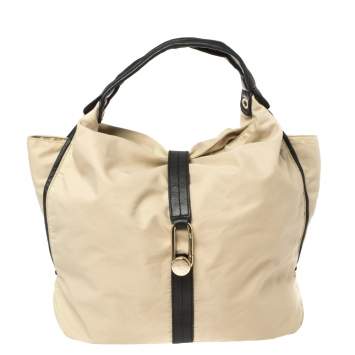 Pre Owned Furla Beige/Black Nylon and Leather Clasp Flap Shoulder Bag