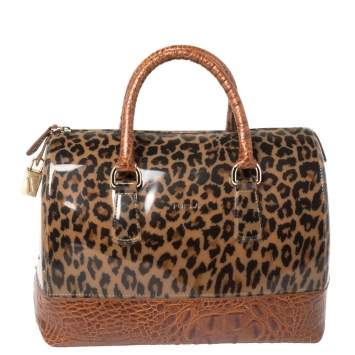 Pre Owned Furla Brown Leopard Print Rubber and Croc Embossed Leather Medium Candy Satchel