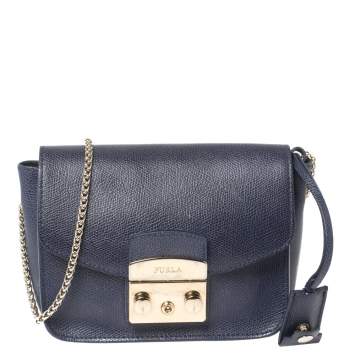 Pre Owned Furla Blue Leather Mini Metropolis Crossbody Bag