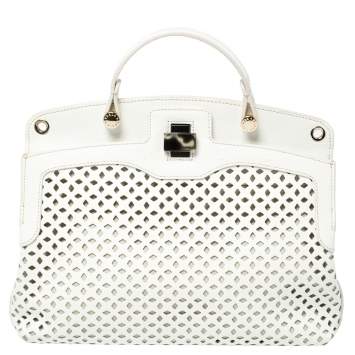 Pre Owned Furla White Leather Piper Perforated Top Handle Bag