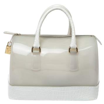 Pre Owned Furla White Rubber and Croc Embossed Leather Medium Candy Satchel