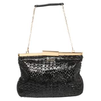 Pre Owned Furla Black Patent and Leather Fringe Chain Clutch