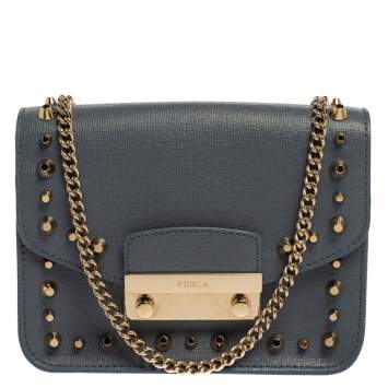 Pre Owned Furla Blue Studded Leather Julia Crossbody Bag