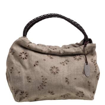Pre Owned Furla Beige Canvas and Brown Leather Floral Cut Out Shoulder Bag