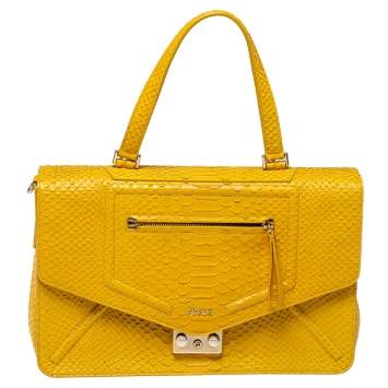 Pre Owned Furla Yellow Python Embossed Leather Alice Top Handle Bag