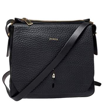 Pre Owned Furla Black Leather and Suede Messenger Bag