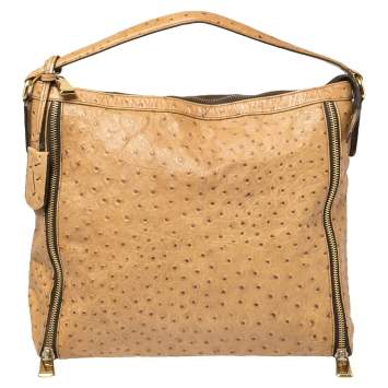 Pre Owned Furla Beige Ostrich Embossed Leather Zip Hobo