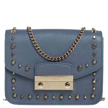 Pre Owned Furla Blue Leather Mini Studded Metropolis Chain Crossbody Bag