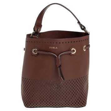 Pre Owned Furla Brown Perforated Leather Stacy Drawstring Bucket Bag
