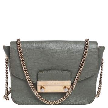 Pre Owned Furla Greyish Green Leather Mini Metropolis Chain Crossbody Bag