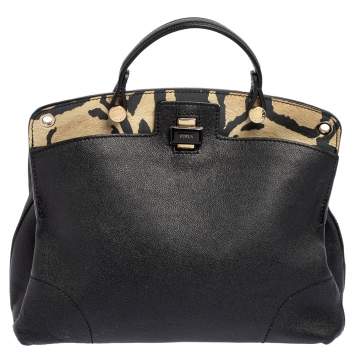 Pre Owned Furla Black/Animal Print Leather Piper Dome Satchel 