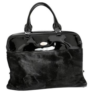 Pre Owned Furla Black Calfhair and Patent Leather 80th Anniversary Frame Satchel