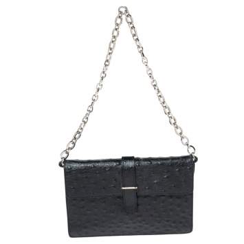 Pre Owned Furla Black Ostrich Embossed Leather and Suede Chain Clutch