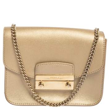 Pre Owned Furla Gold Leather Mini Metropolis Chain Crossbody Bag