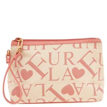 Pre Owned Furla Beige/Pink Signature Canvas Wristlet Clutch