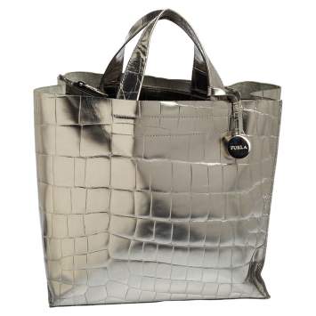 Pre Owned Furla Metallic Silver Croc Embossed Leather Devide It Tote