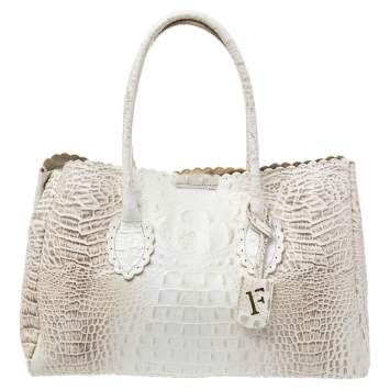 Pre Owned Furla White/Beige Croc Embossed Leather Tote