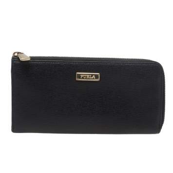 Pre Owned Furla Black Leather Zip Around Wallet