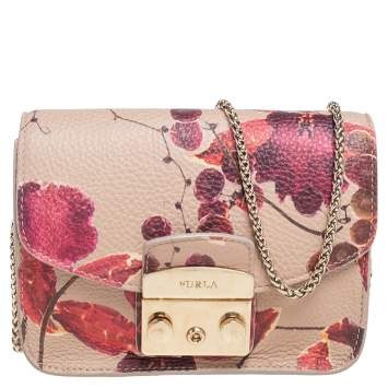 Pre Owned Furla Beige Floral Print Leather Mini Metropolis Chain Crossbody Bag