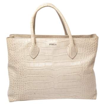 Pre Owned Furla Offwhite Croc Embossed Leather Martha Tote