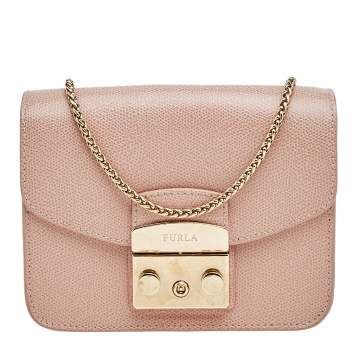 Pre Owned Furla Blush Pink Leather Mini Metropolis Chain Crossbody Bag